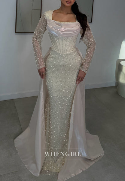 Pearl Beaded Corset Mermaid Gown with Overskirt