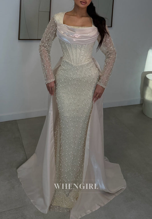 Pearl Beaded Corset Mermaid Gown with Overskirt