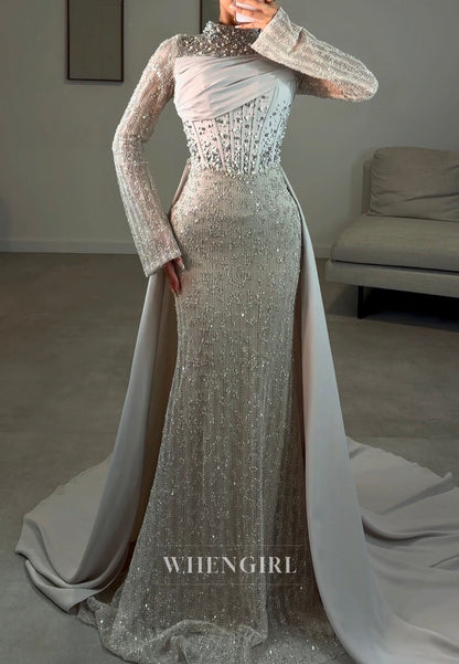High-Neck Beaded Mermaid Gown with Overskirt