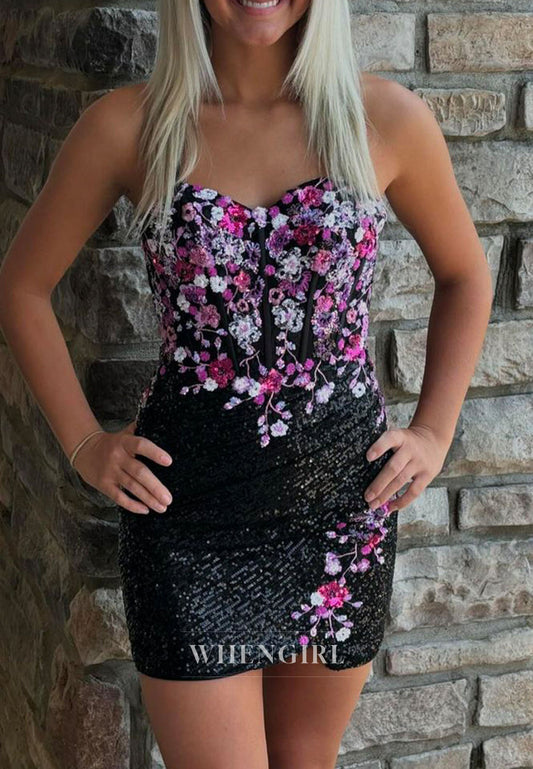 Sequined Corset Homecoming Dress with Floral Appliques