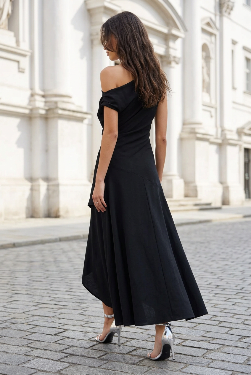 One-Shoulder Ruffle High-Low Evening Dress