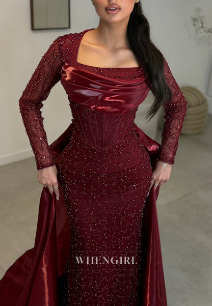 Pearl Beaded Corset Mermaid Gown with Overskirt