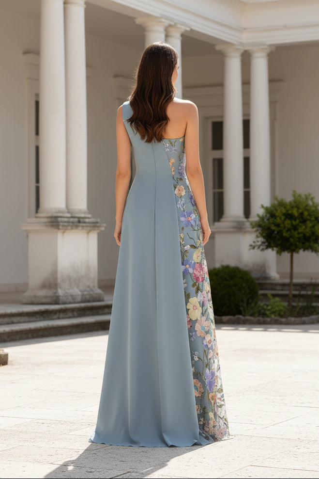 One-Shoulder 3D Floral Applique A-Line Evening Gown