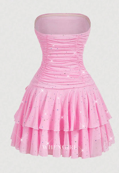 Strapless Ruched Mesh Tiered Mini Party Dress