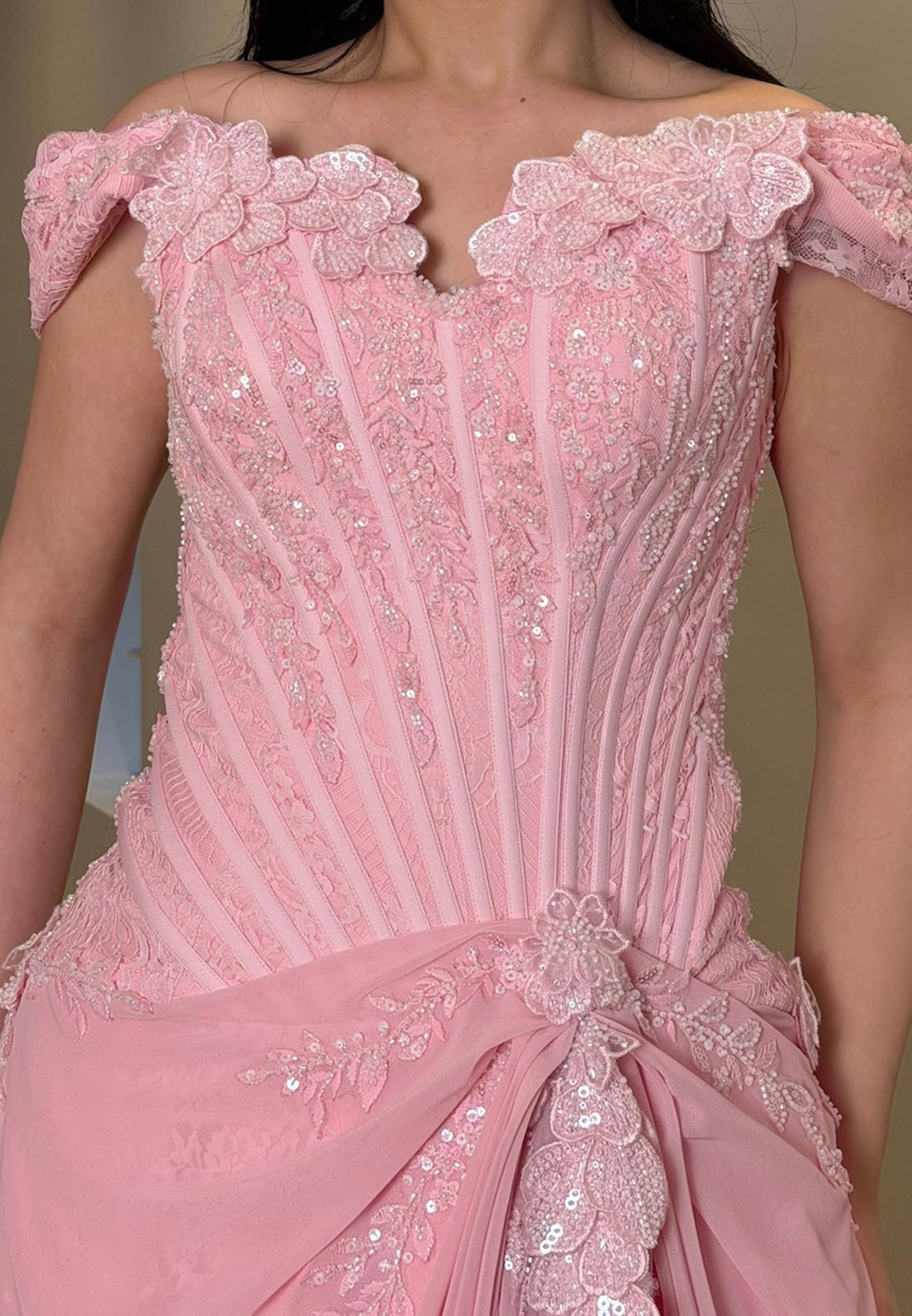 Off-the-Shoulder Corset Evening Gown with Draped Skirt