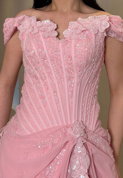 Off-the-Shoulder Corset Evening Gown with Draped Skirt
