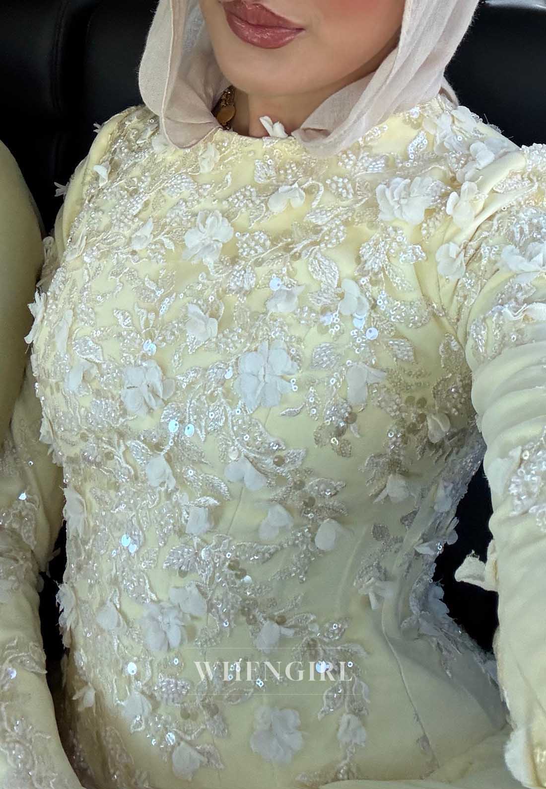 High Neck 3D Floral Applique Long Sleeve Gown