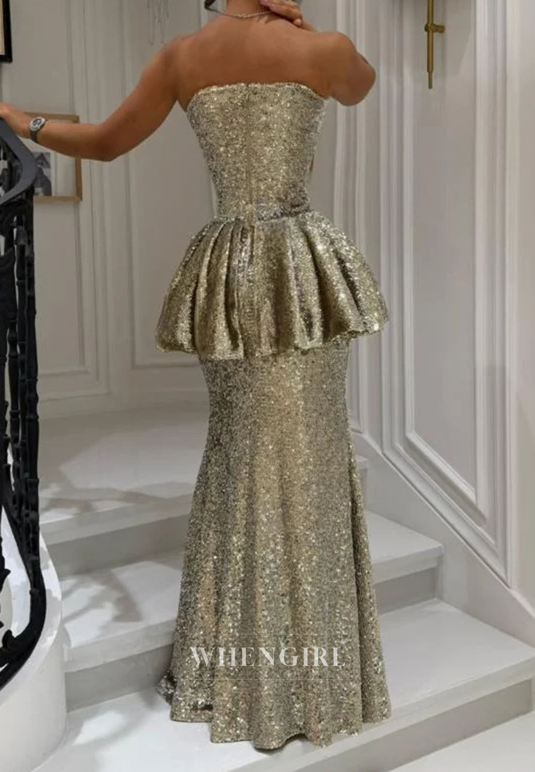 Strapless Peplum Sequin Maxi Gown