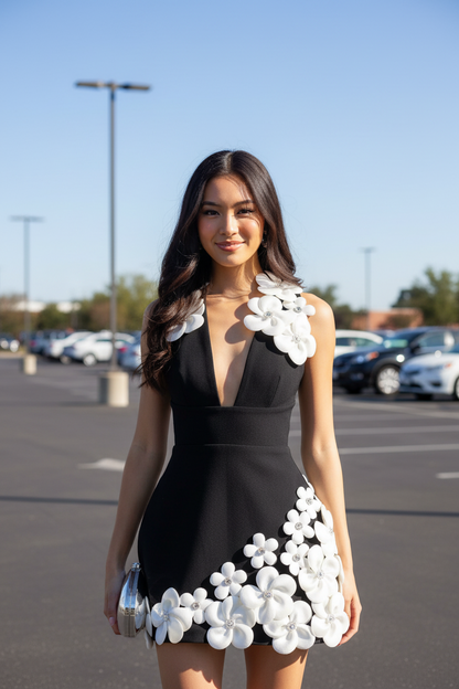 Floral Applique Deep V-Neck Mini Dress