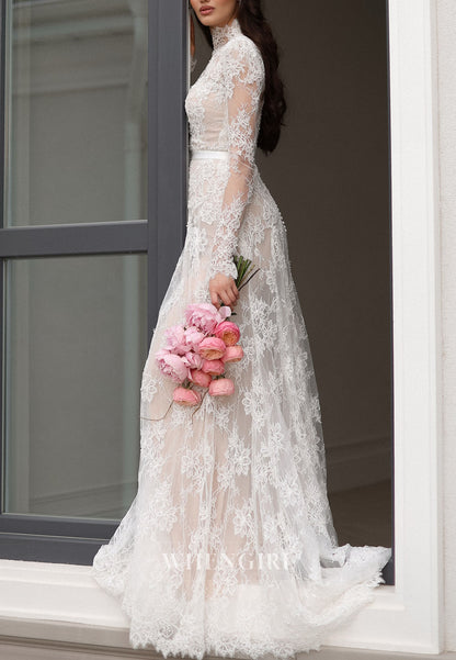 Vintage High Neck Long Sleeve Lace A-Line Wedding Dress