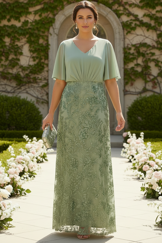 V-Neck Flutter Sleeve Embroidered Lace Gown