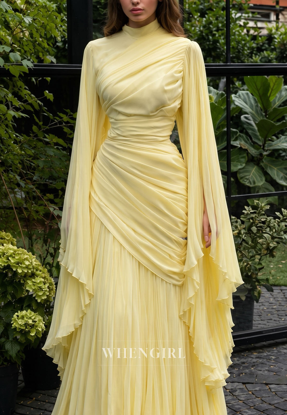 High Neck Pleated Gown with Cape Sleeves