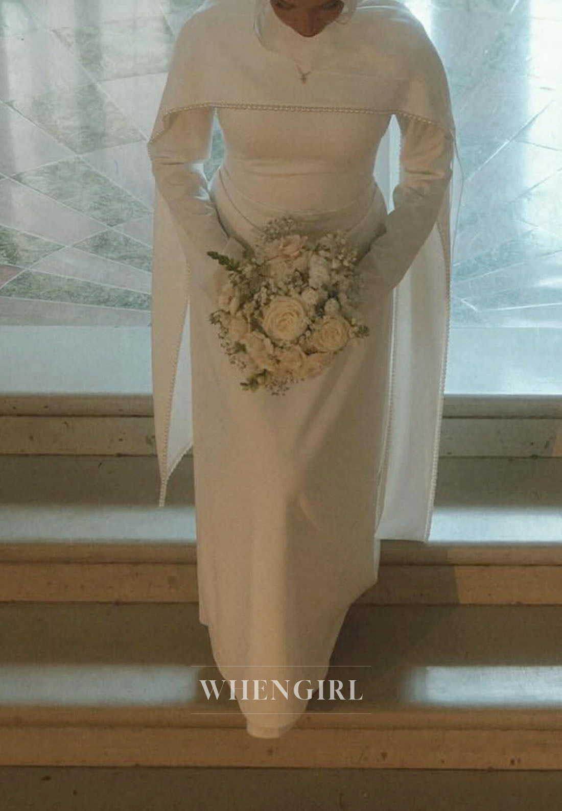 Long Sleeve Wedding Dress with Cape and Pearls