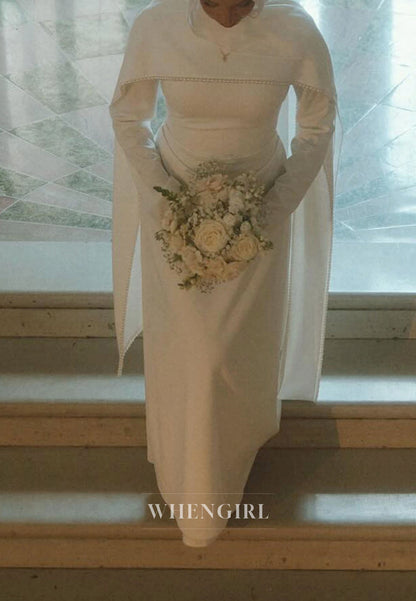 Long Sleeve Wedding Dress with Cape and Pearls