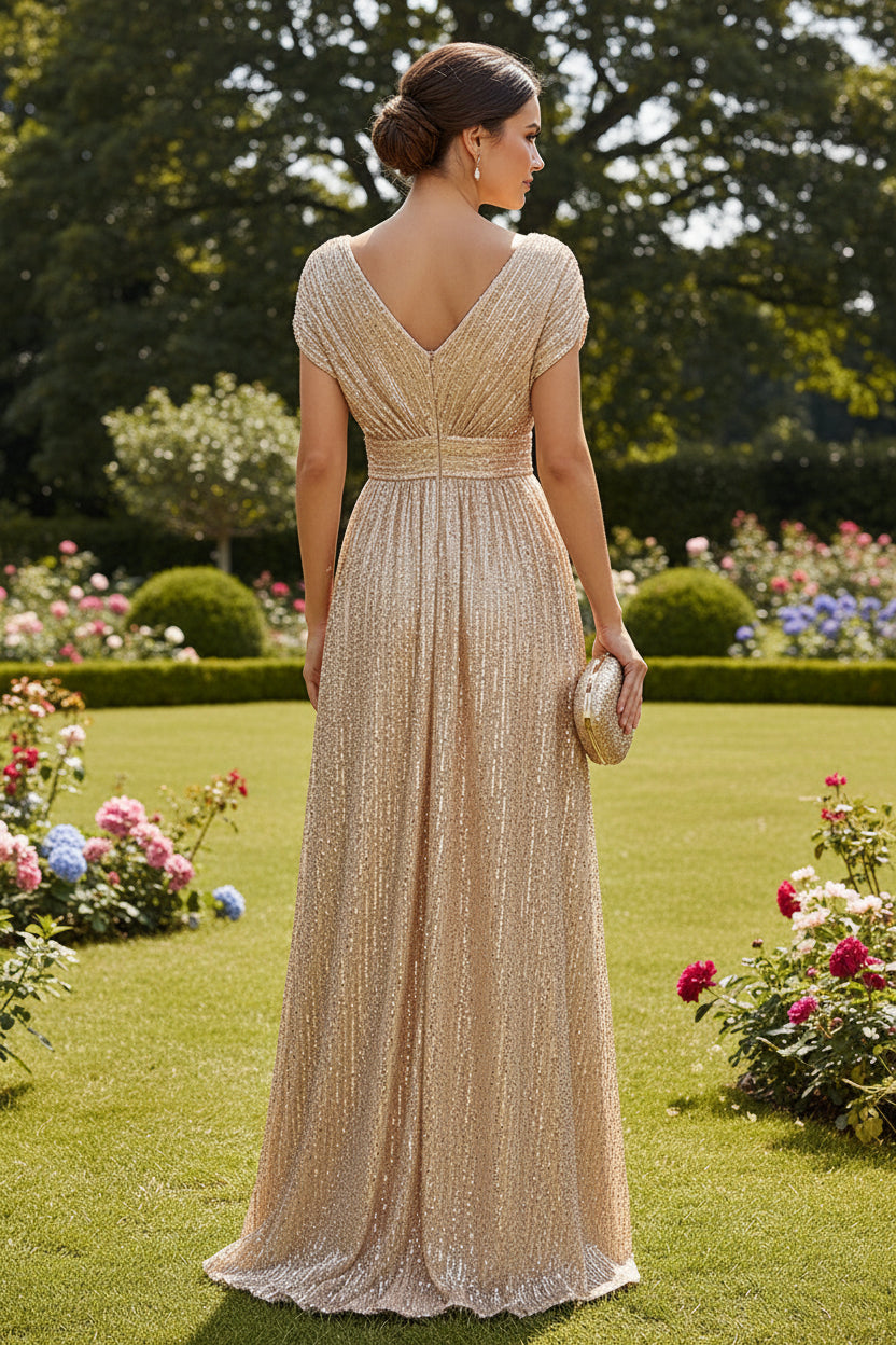 V-Neck Pleated Sequin A-Line Evening Gown