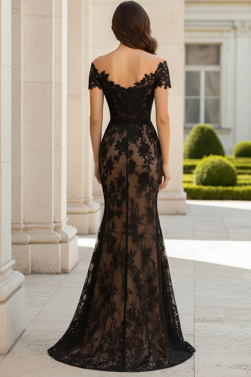 Off-the-Shoulder Lace Gown with Overskirt