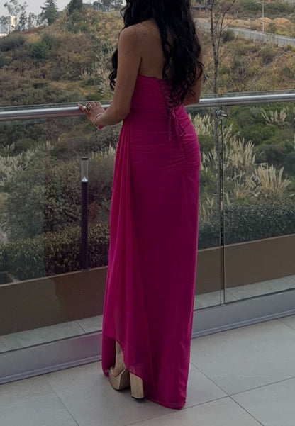 Strapless Ruched Maxi Dress with Lace-Up Back