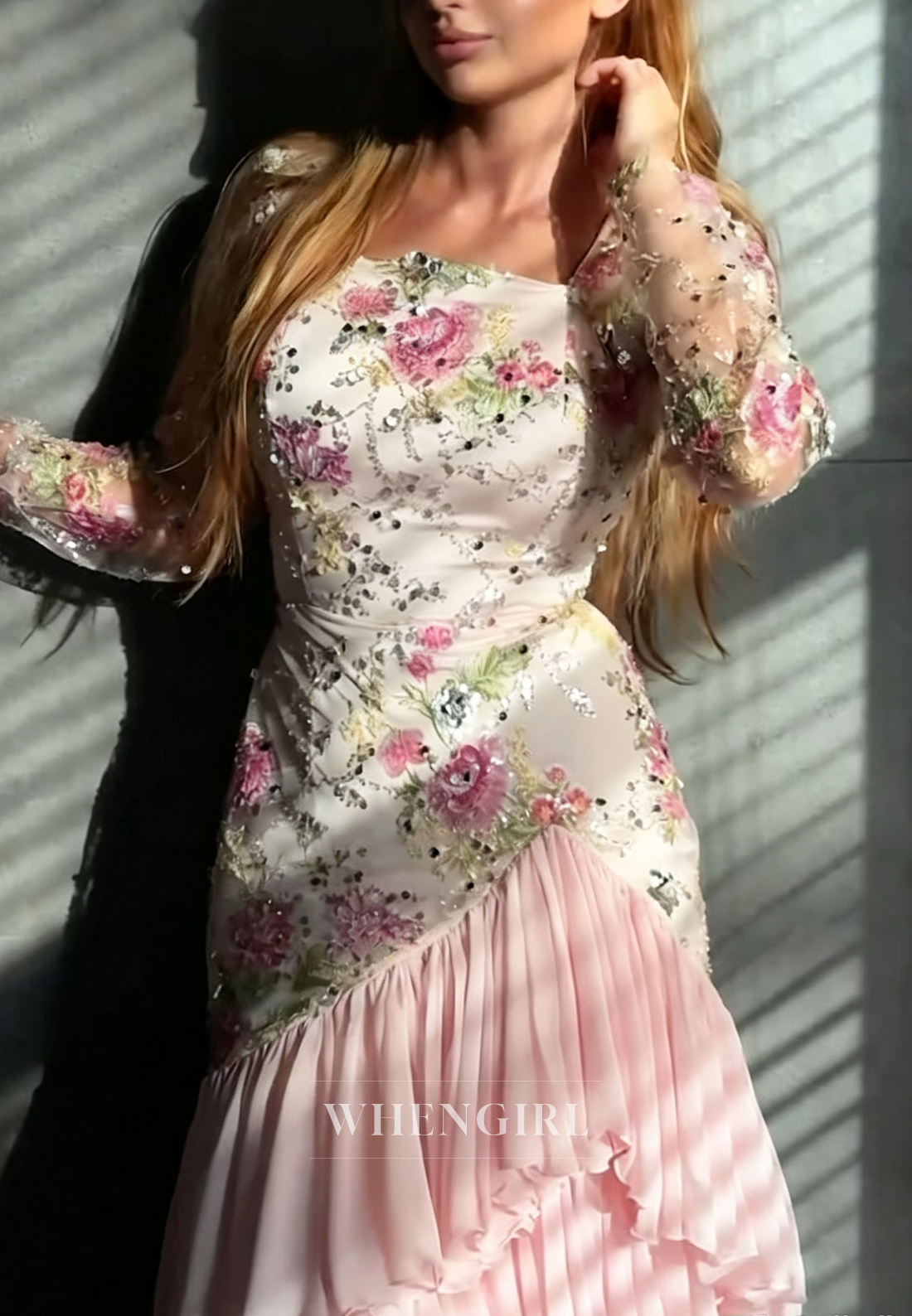 Embroidered Sequin Tiered Ruffle Gown