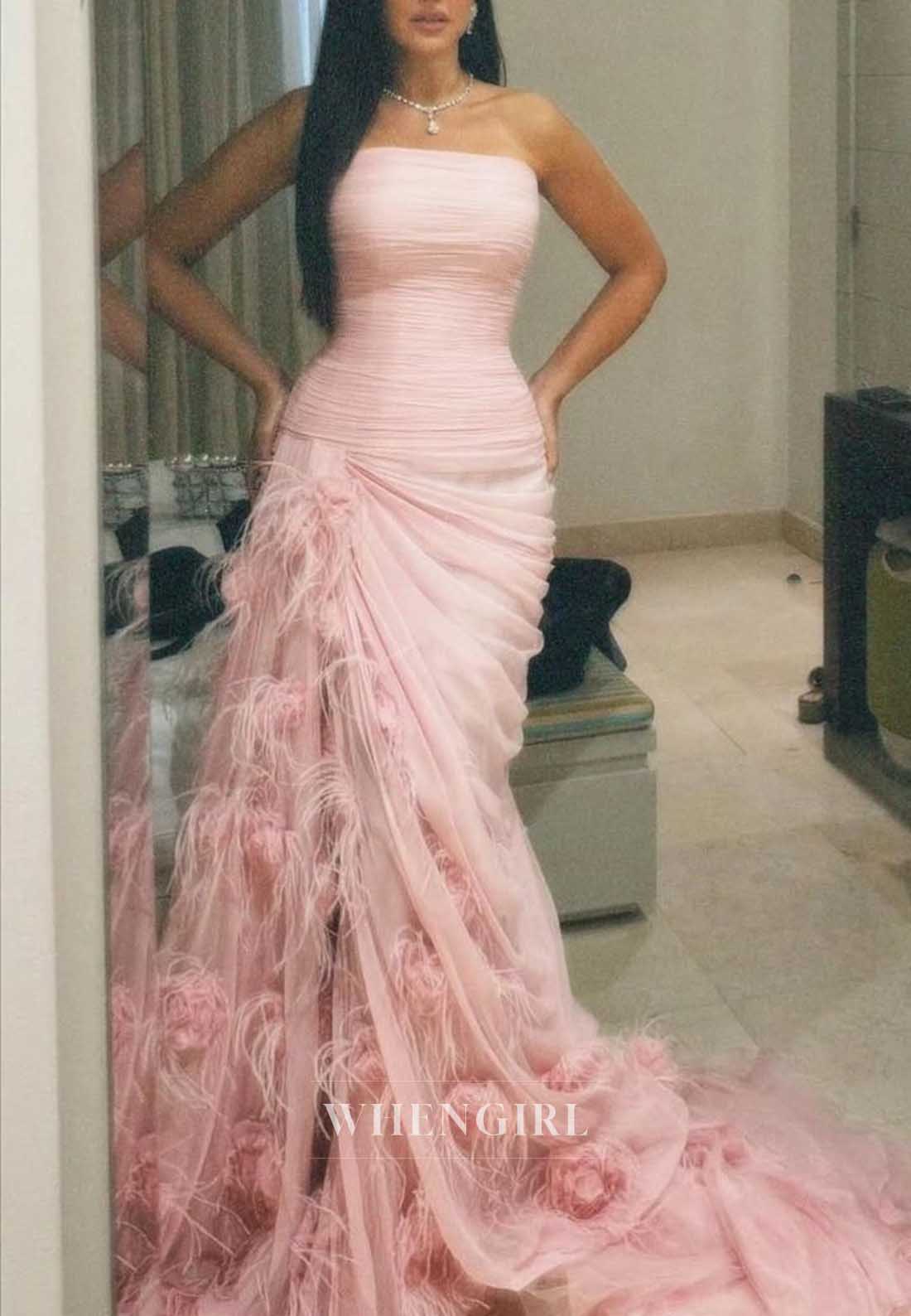 Strapless Ruched Feather High Slit Evening Dress