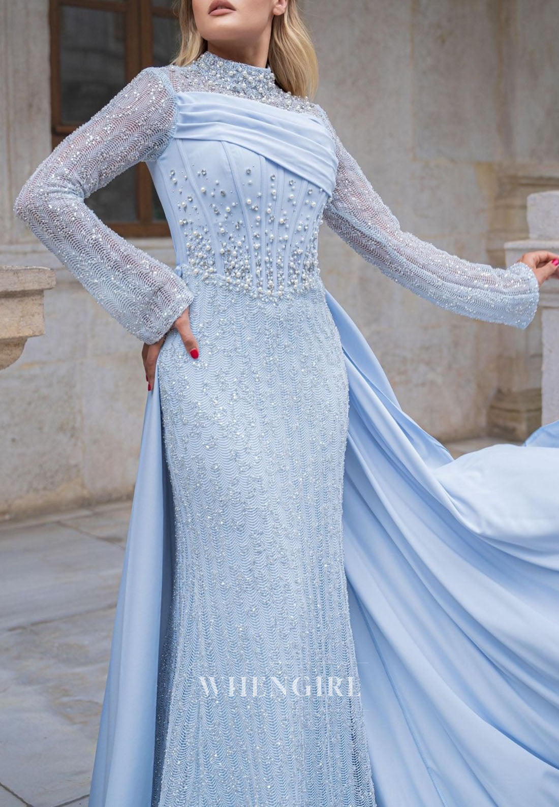 High-Neck Beaded Mermaid Gown with Overskirt