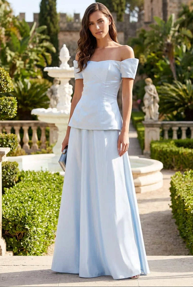 Off-the-Shoulder Peplum Satin Gown