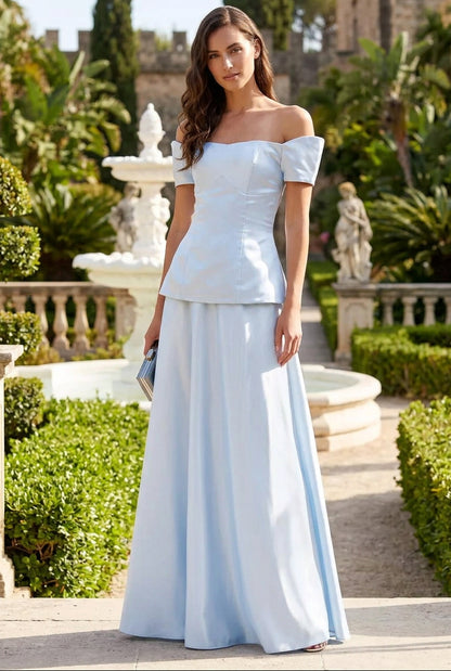 Off-the-Shoulder Peplum Satin Gown