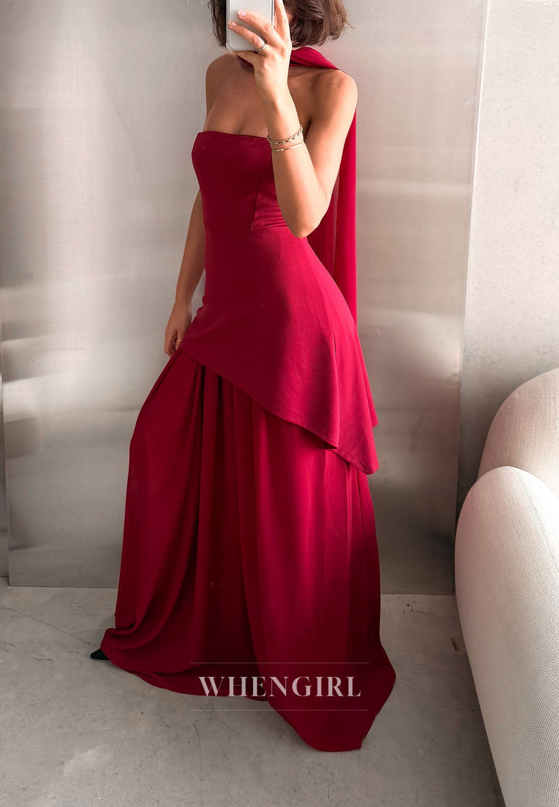 Strapless Asymmetric Overlay Gown with Scarf