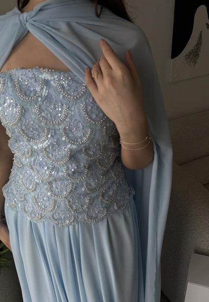 Embellished Bodice Cape Evening Gown