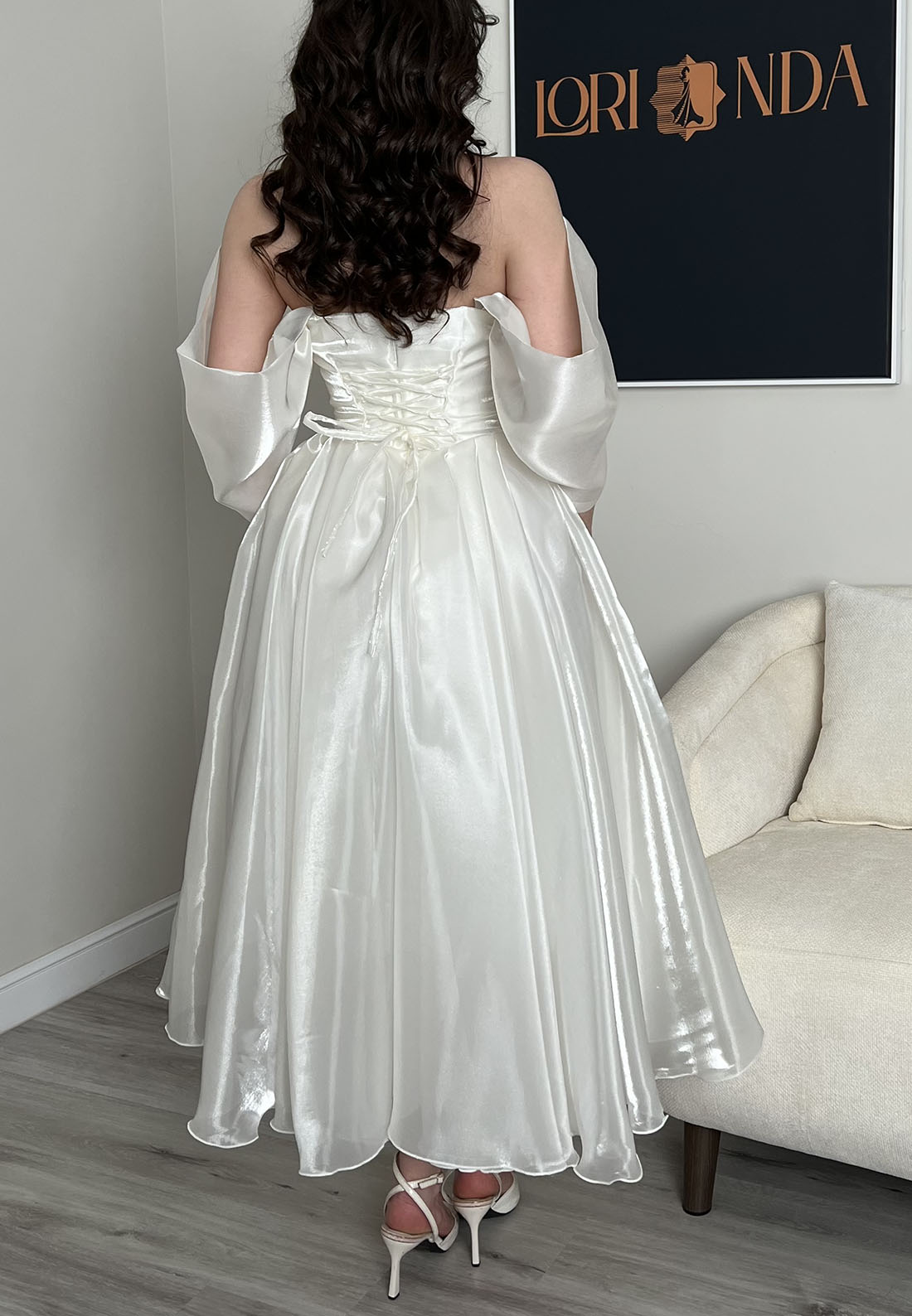 Corset Midi Dress with Off-Shoulder Draped Sleeves