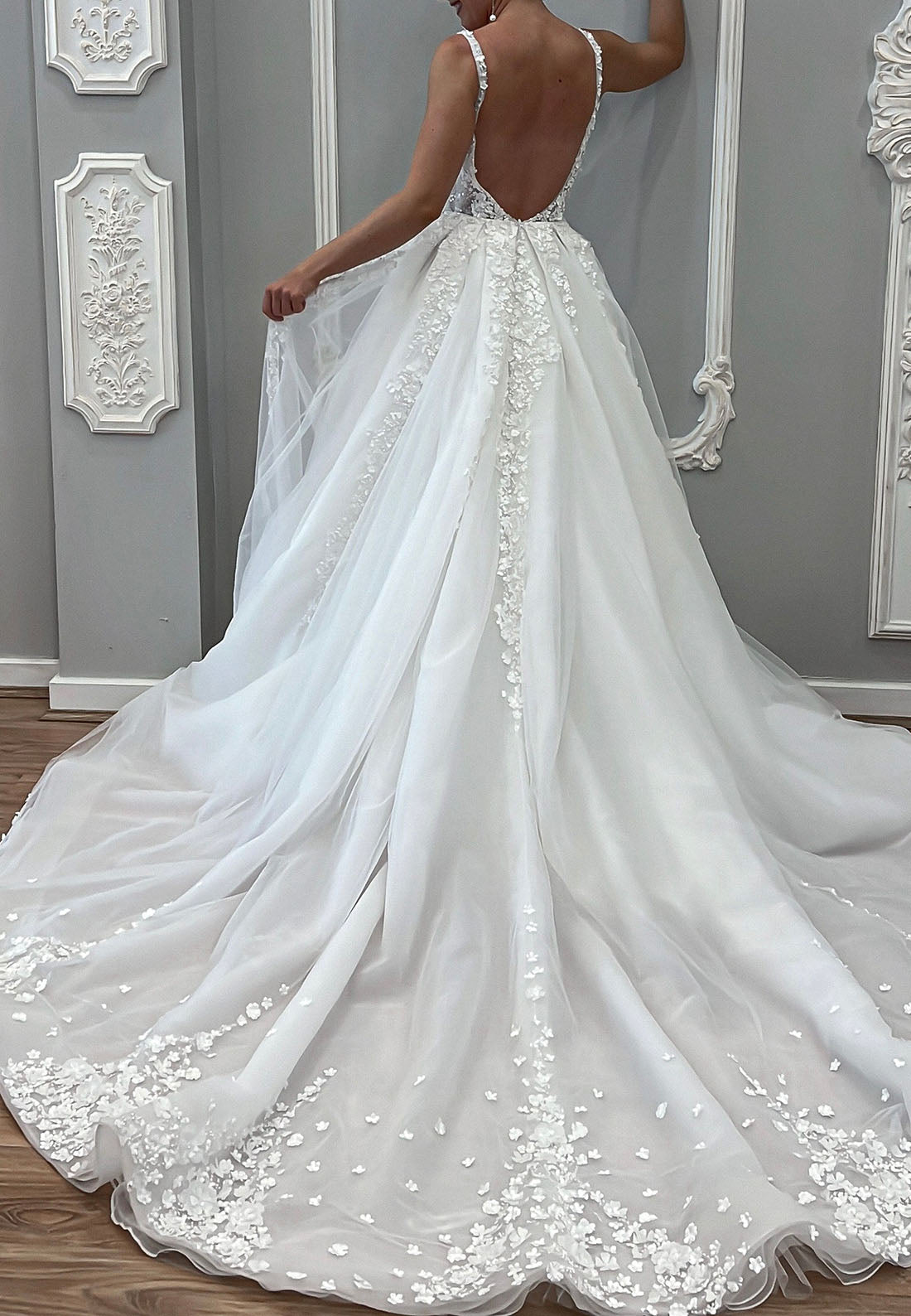 Corset Wedding Dress with 3D Florals & Overskirt
