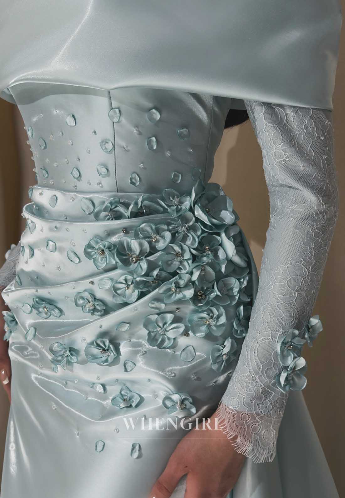 Long Sleeve Satin Formal Gown with 3D Flowers