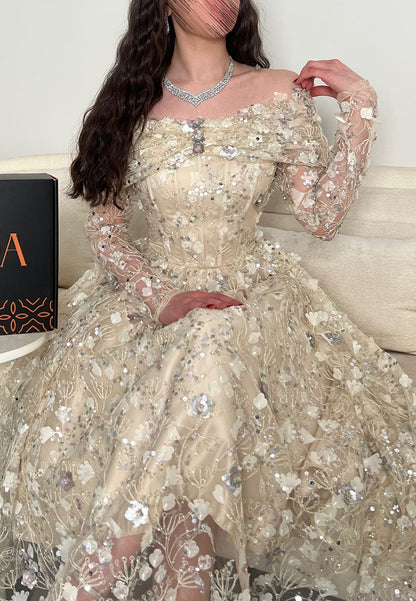 Off-the-Shoulder 3D Floral Applique Tea-Length Dress