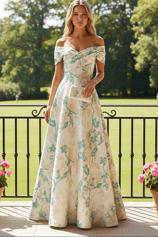 Off-the-Shoulder Floral Jacquard A-Line Gown