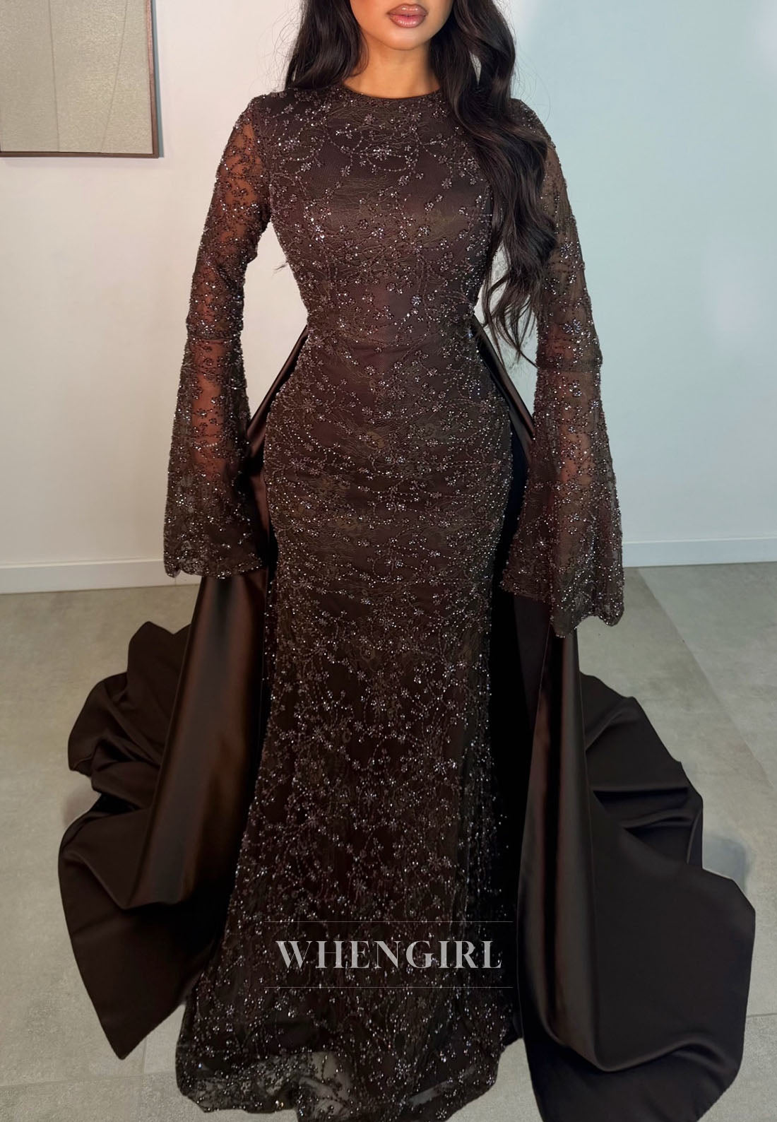 Beaded Bell Sleeve Gown with Detachable Overskirt