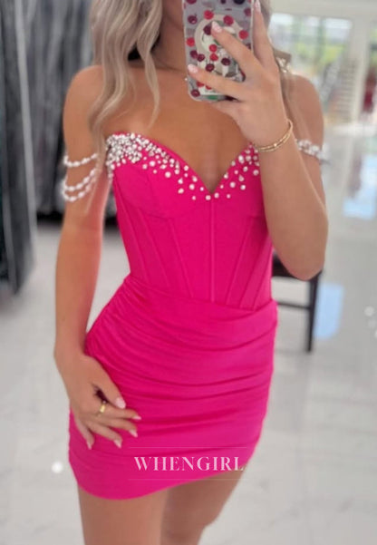 Beaded Corset Ruched Mini Dress with Pearl Straps