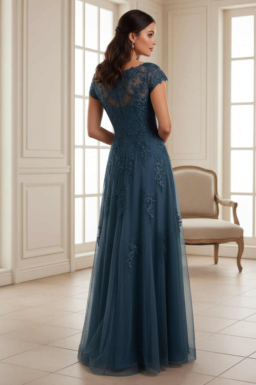 Lace Applique A-Line Tulle Gown with Cap Sleeves