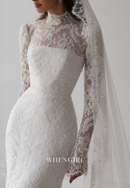 High Neck Lace Wedding Dress with Overskirt