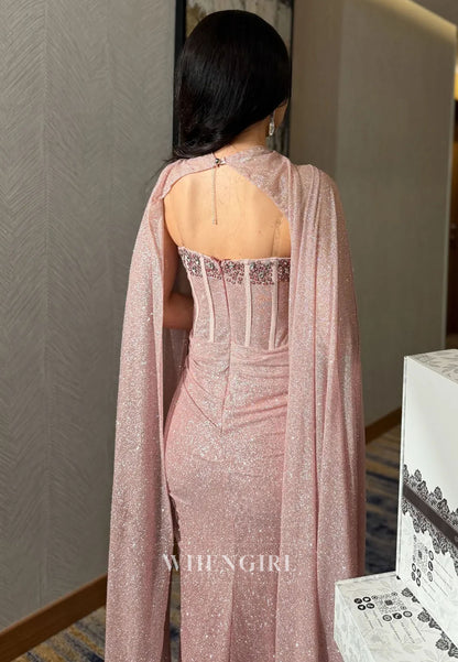 Glitter Corset Evening Dress with Cape Sleeves