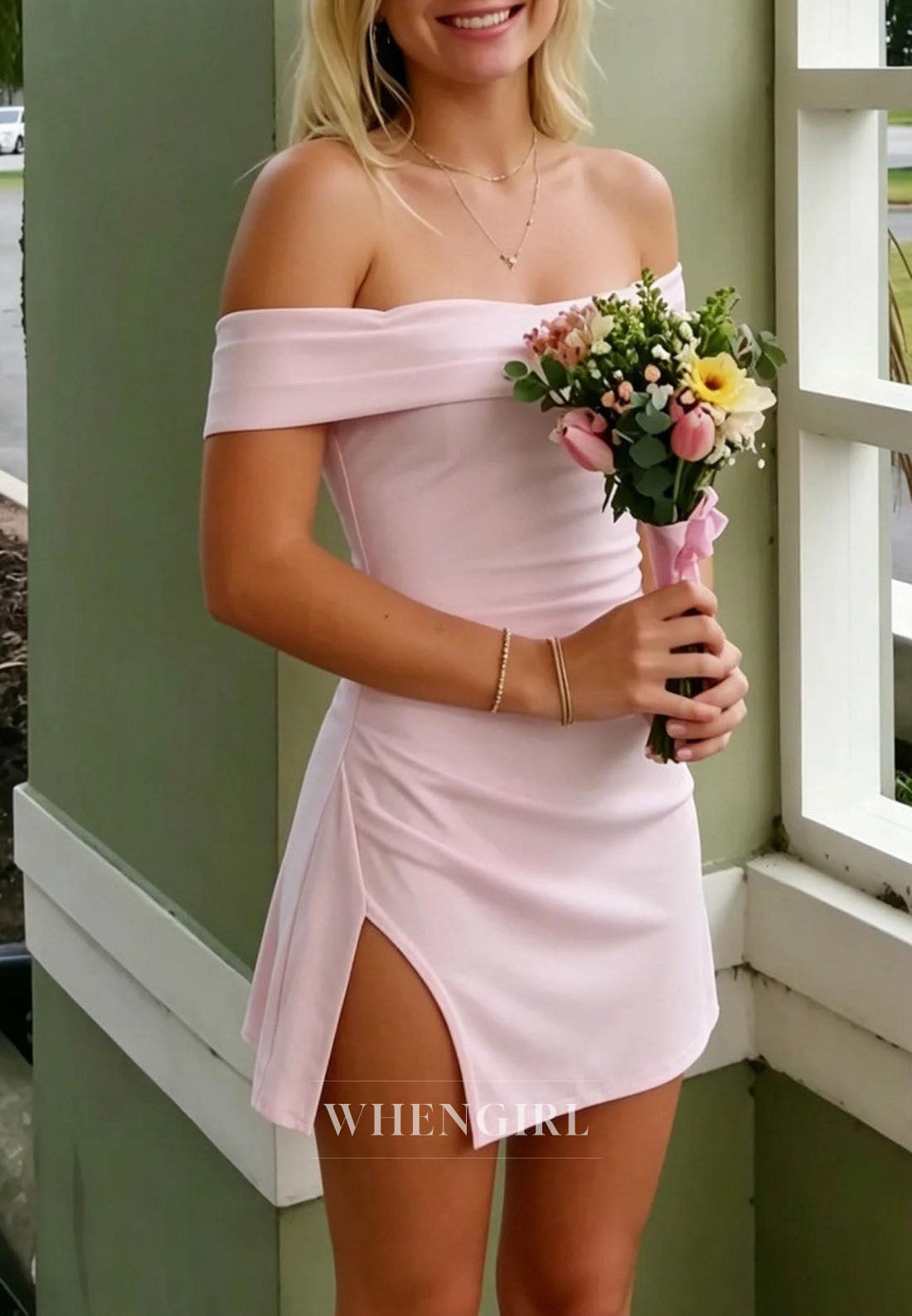 Off Shoulder Bodycon Mini Dress with Side Slit