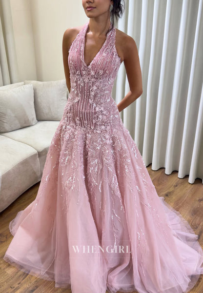 Embellished Halter Tulle Mermaid Formal Gown