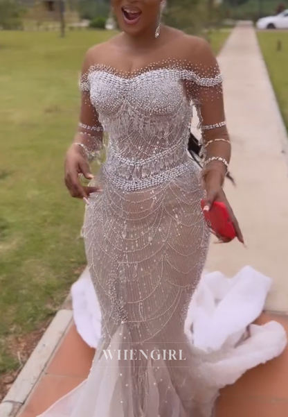 Beaded Mermaid Gown with Off-Shoulder Neckline