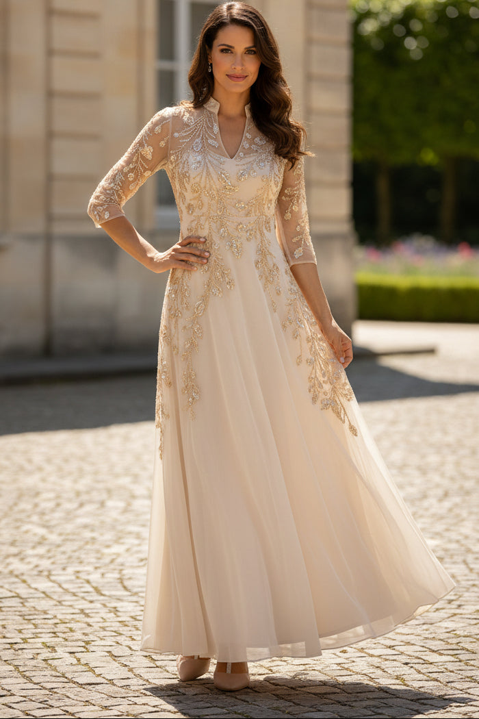 Illusion Beaded A-Line Evening Gown with 3/4 Sleeves