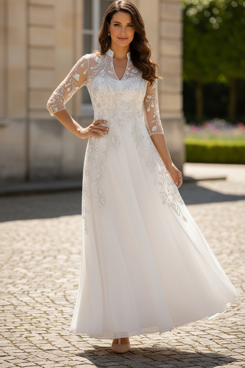 Illusion Beaded A-Line Evening Gown with 3/4 Sleeves