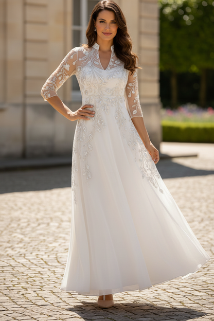 Illusion Beaded A-Line Evening Gown with 3/4 Sleeves