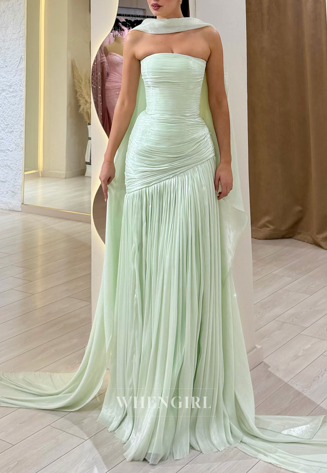 Strapless Pleated Evening Gown with Convertible Cape