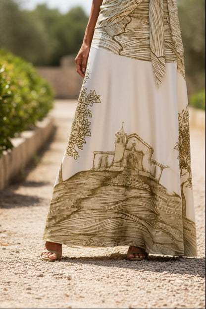 One-Shoulder Maxi Dress with Scenic Print and Waist Tie
