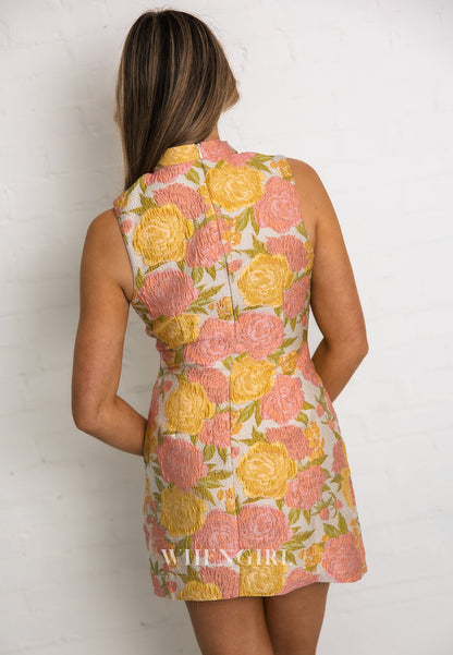 Floral Jacquard High Neck Mini Dress with V-Back