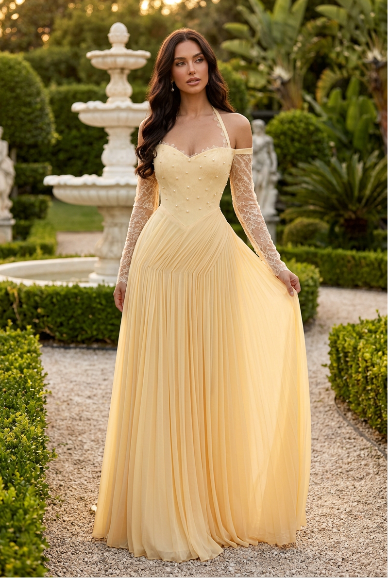 Pleated A-Line Gown with Lace Long Sleeves