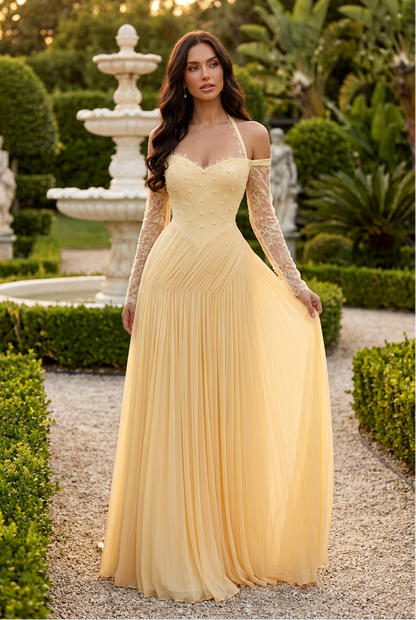 Pleated A-Line Gown with Lace Long Sleeves