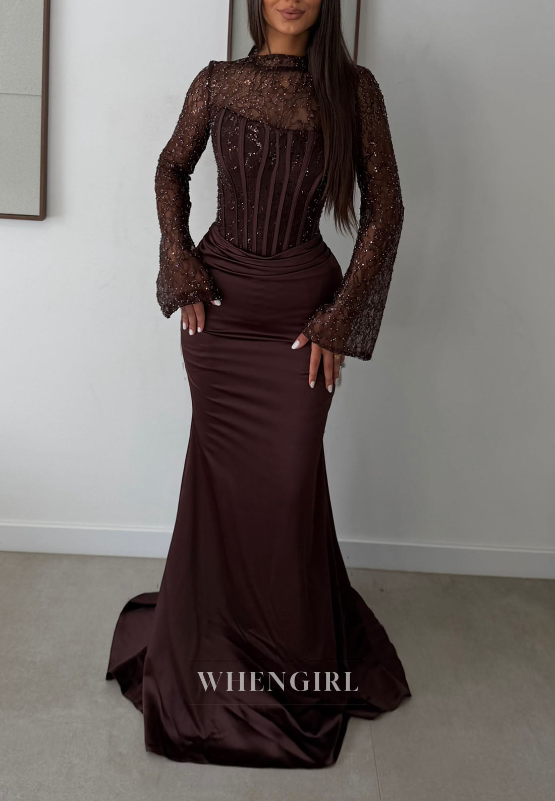 Sequined Long Sleeve Corset Satin Evening Gown